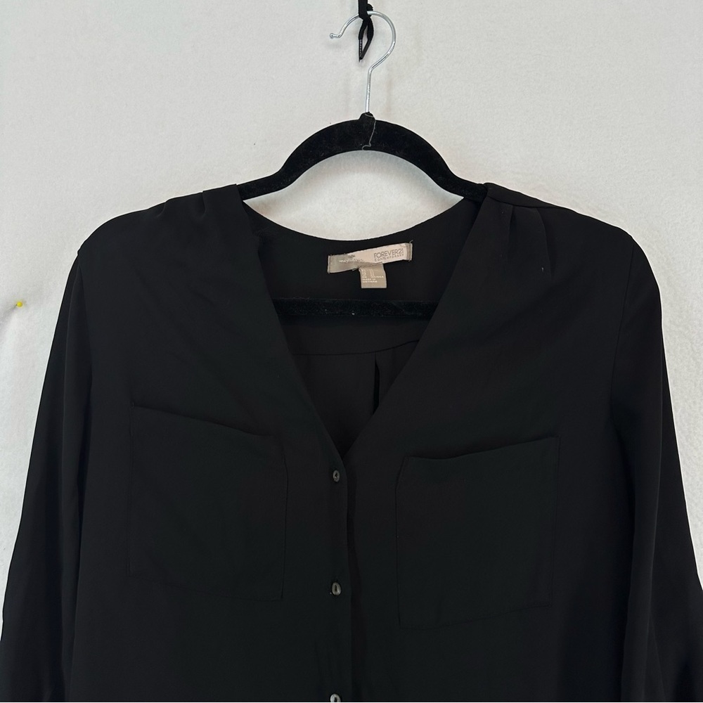Forever 21 Long Sleeve Button Down Sheer Blouse Women’s XS Black - Picture 2 of 9